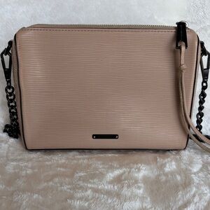 Rebecca Minkoff Beige Textured Leather Crossbody Bag With Black Chain Strap